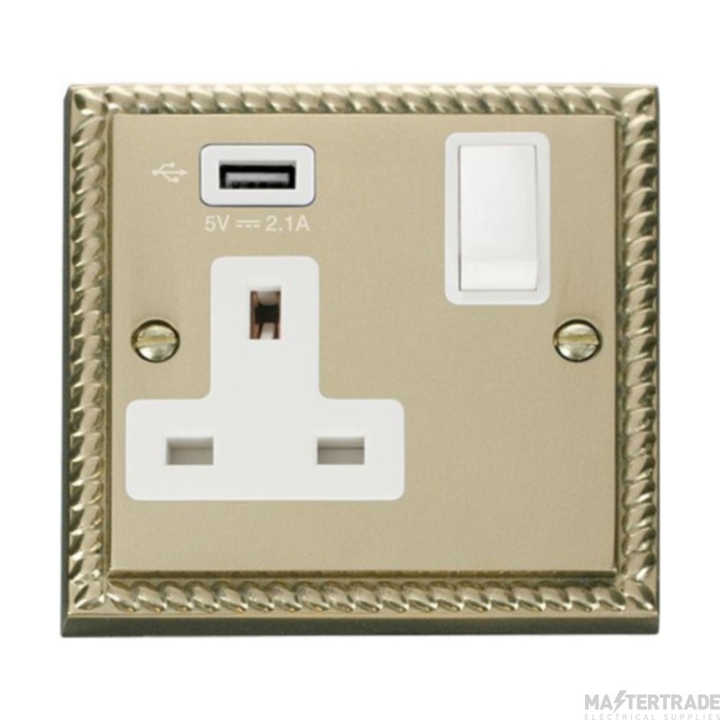 Click Deco GCBR771UWH 13A 1 Gang Switched Socket Outlet With Single 2.1A USB Outlet Georgian Brass