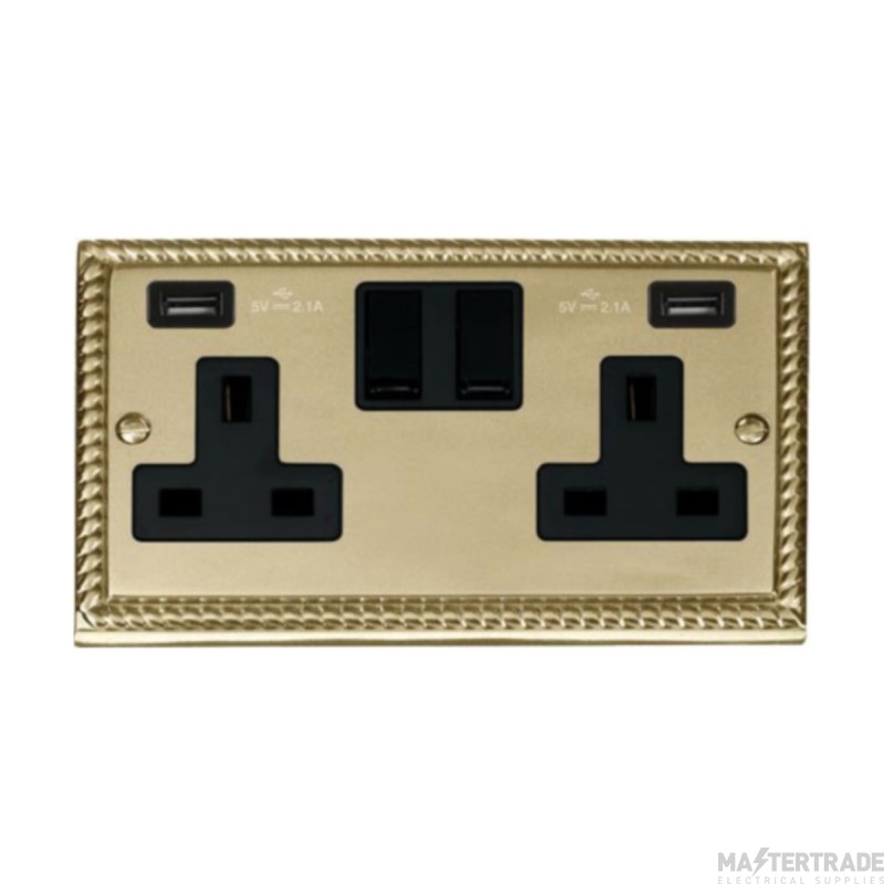 Click Deco GCBR780BK 13A 2 Gang Switched Socket Outlet With Twin USB (Total 4.2A) Outlets Georgian Brass