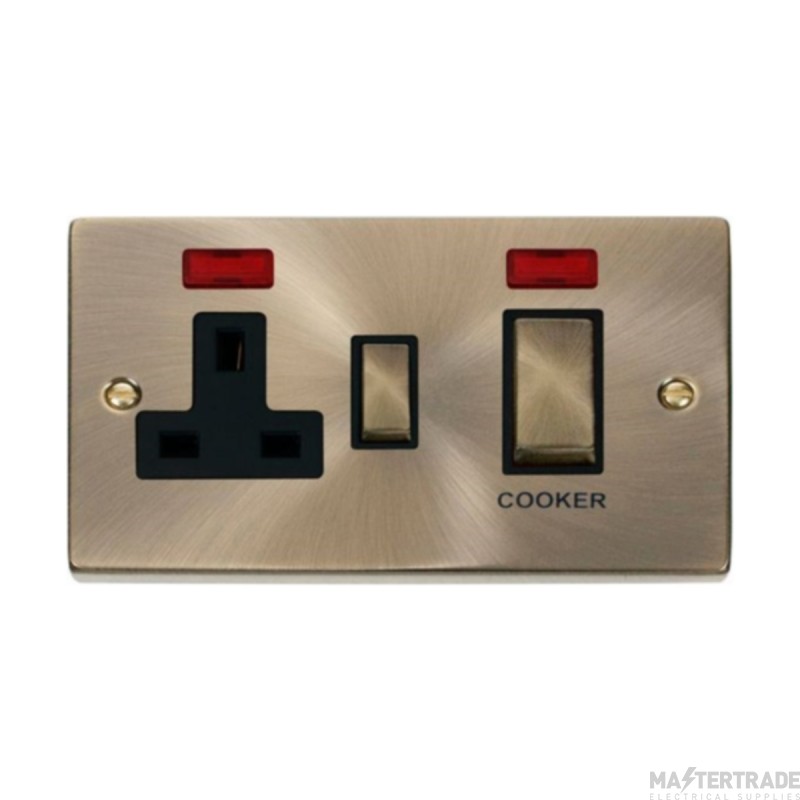 Click Deco VPAB505BK 45A 2 Gang DP Switch With 13A DP Switched Socket Outlet & Neons Antique Brass