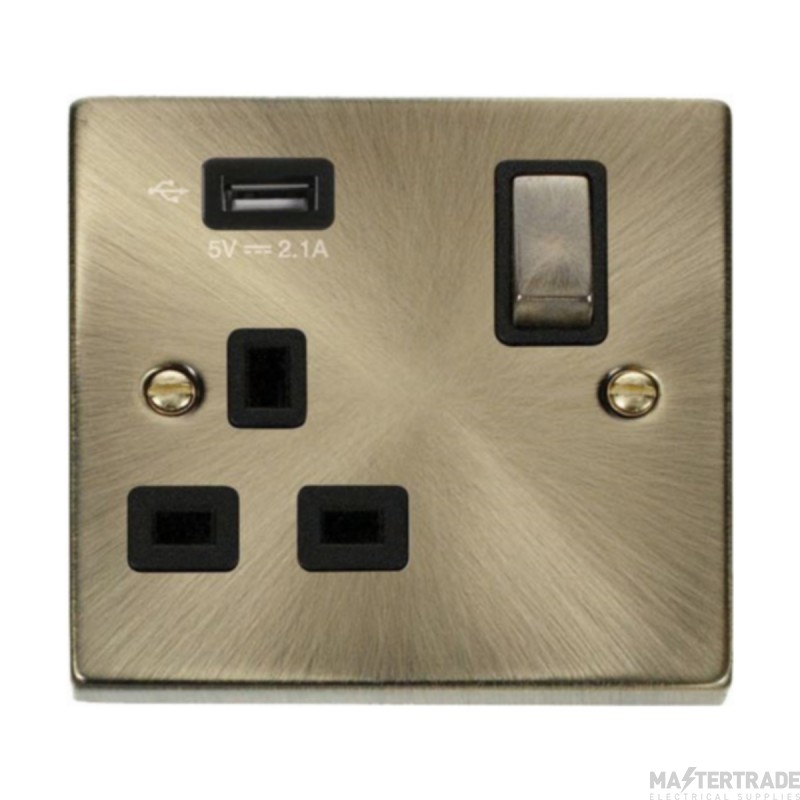 Click Deco VPAB571UBK 13A 1 Gang Switched Socket Outlet With Single 2.1A USB Outlet Antique Brass