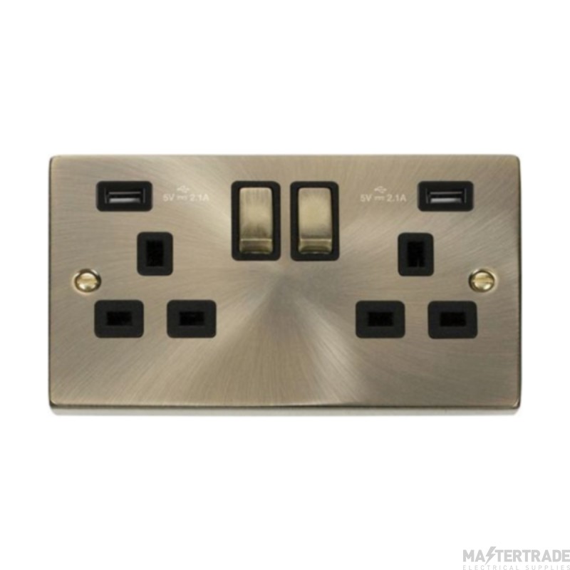 Click Deco VPAB580BK 13A 2 Gang Switched Socket Outlet With Twin USB (Total 4.2A) Outlets Antique Brass