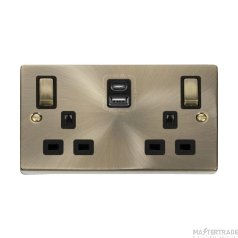 Click Deco VPAB586BK 13A 2 Gang Switched Socket Outlet With Type A & C USB (4.2A) Outlets Antique Brass