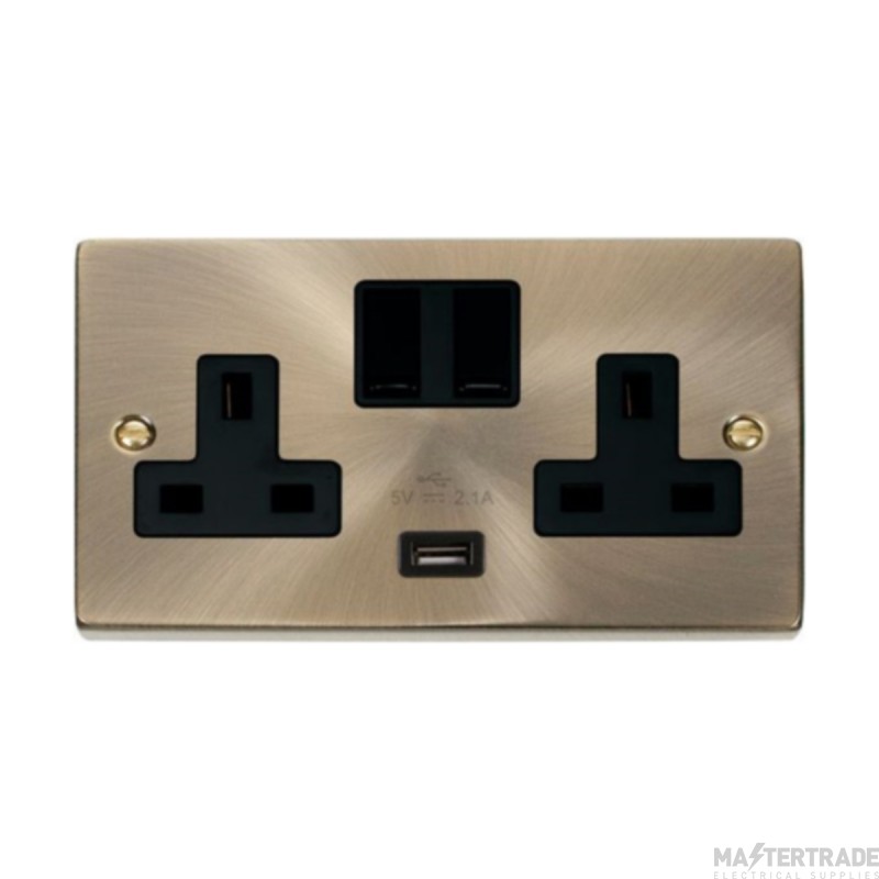 Click Deco VPAB770BK 13A 2 Gang Switched Socket Outlet With Single 2.1A USB Outlet Antique Brass
