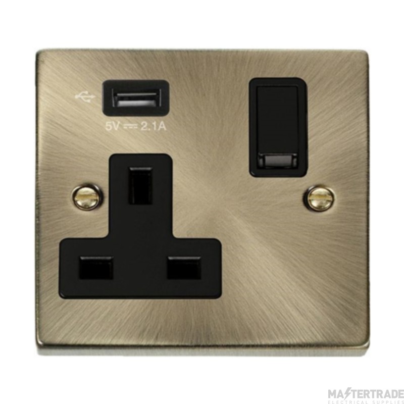 Click Deco VPAB771UBK 13A 1 Gang Switched Socket Outlet With Single 2.1A USB Outlet Antique Brass