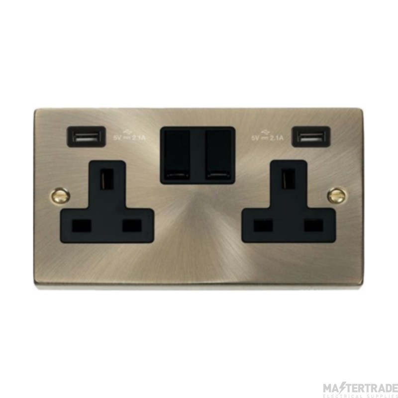 Click Deco VPAB780BK 13A 2 Gang Switched Socket Outlet With Twin USB (Total 4.2A) Outlets Antique Brass