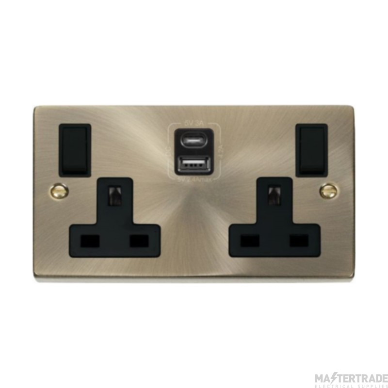Click Deco VPAB786BK 13A 2 Gang Switched Socket Outlet With Type A & C USB (4.2A) Outlets Antique Brass