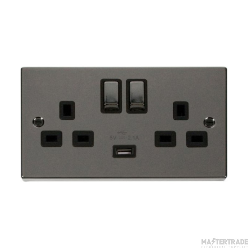 Click Deco VPBN570BK 13A 2 Gang Switched Socket Outlet With Single 2.1A USB Outlet Black Nickel