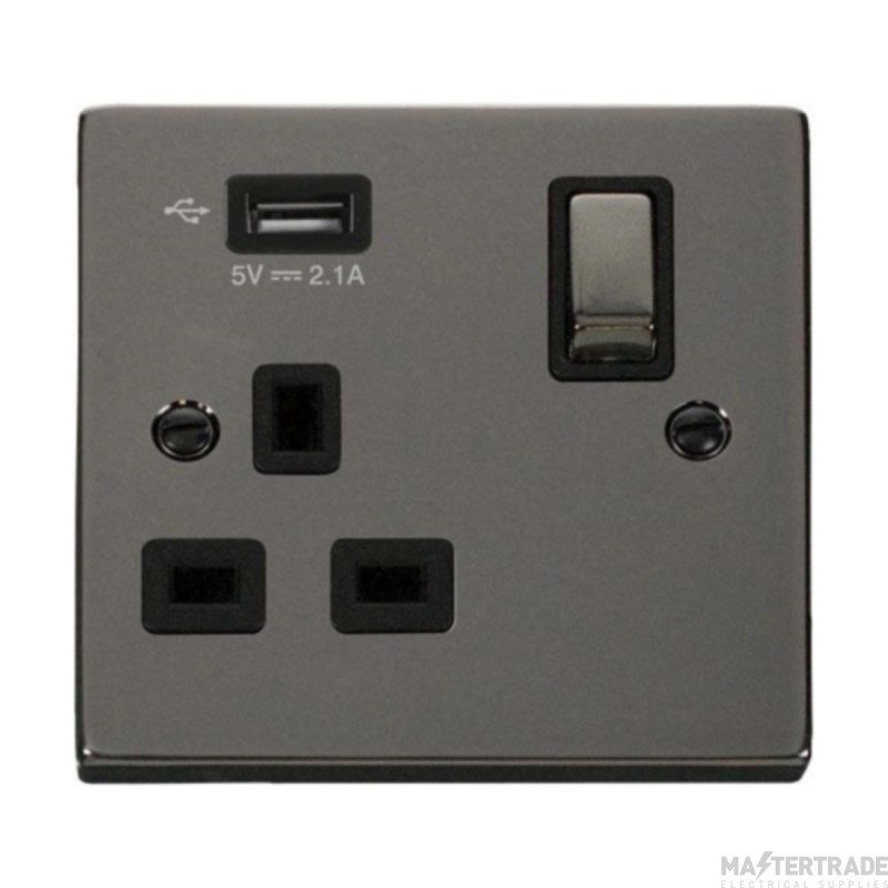 Click Deco VPBN571UBK 13A 1 Gang Switched Socket Outlet With Single 2.1A USB Outlet Black Nickel