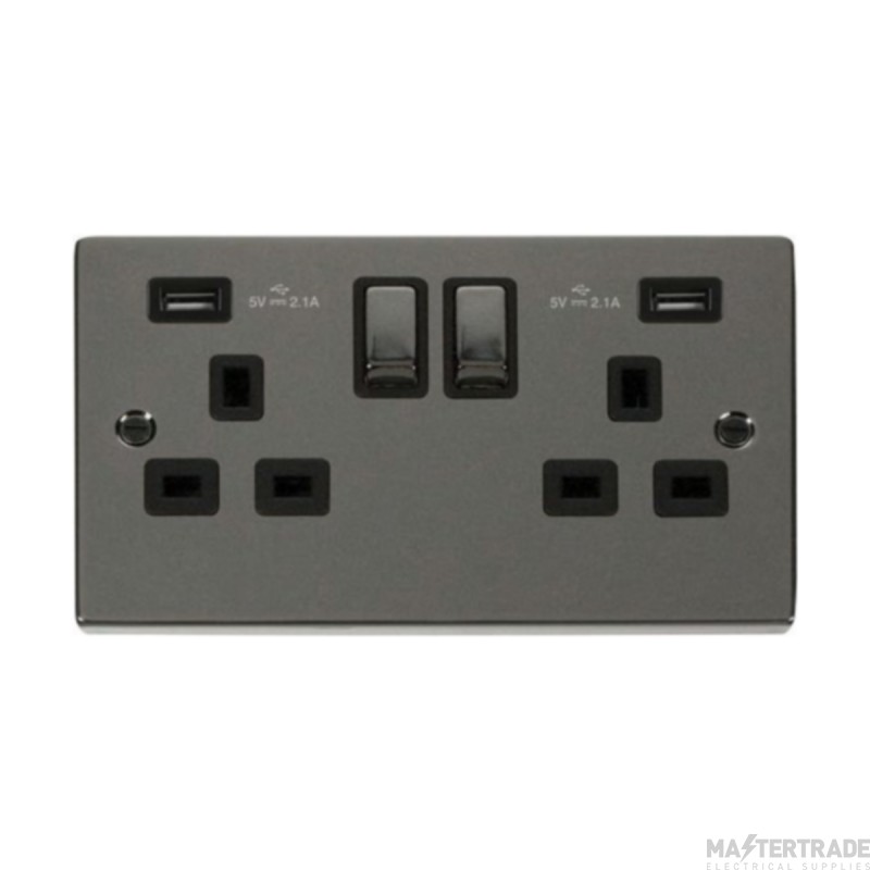 Click Deco VPBN580BK 13A 2 Gang Switched Socket Outlet With Twin USB (Total 4.2A) Outlets Black Nickel