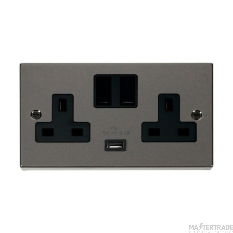 Click Deco VPBN770BK 13A 2 Gang Switched Socket Outlet With Single 2.1A USB Outlet Black Nickel