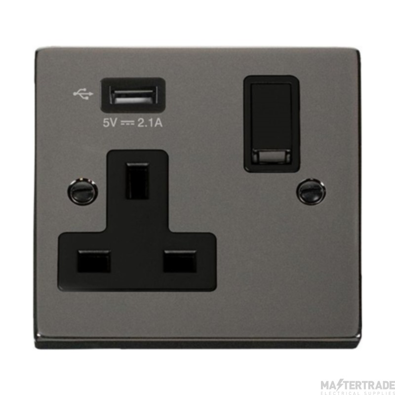 Click Deco VPBN771UBK 13A 1 Gang Switched Socket Outlet With Single 2.1A USB Outlet Black Nickel