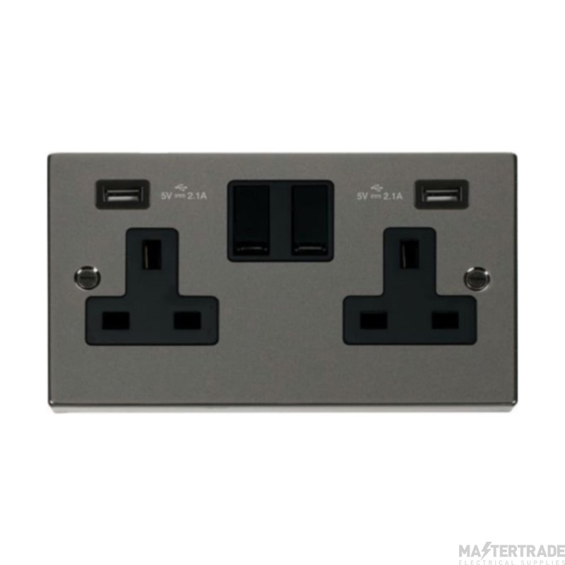 Click Deco VPBN780BK 13A 2 Gang Switched Socket Outlet With Twin USB (Total 4.2A) Outlets Black Nickel