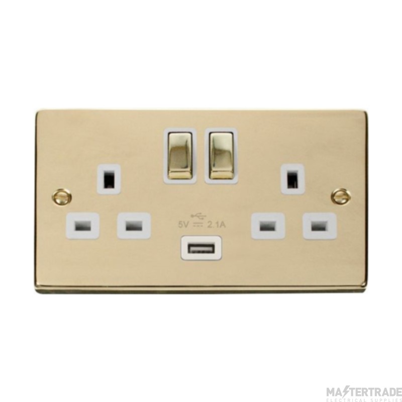 Click Deco VPBR570WH 13A 2 Gang Switched Socket Outlet With Single 2.1A USB Outlet Brass