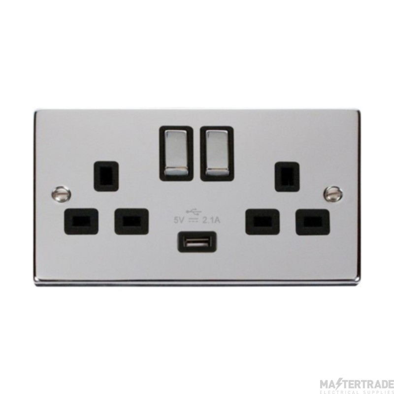 Click Deco VPCH570BK 13A 2 Gang Switched Socket Outlet With Single 2.1A USB Outlet Chrome