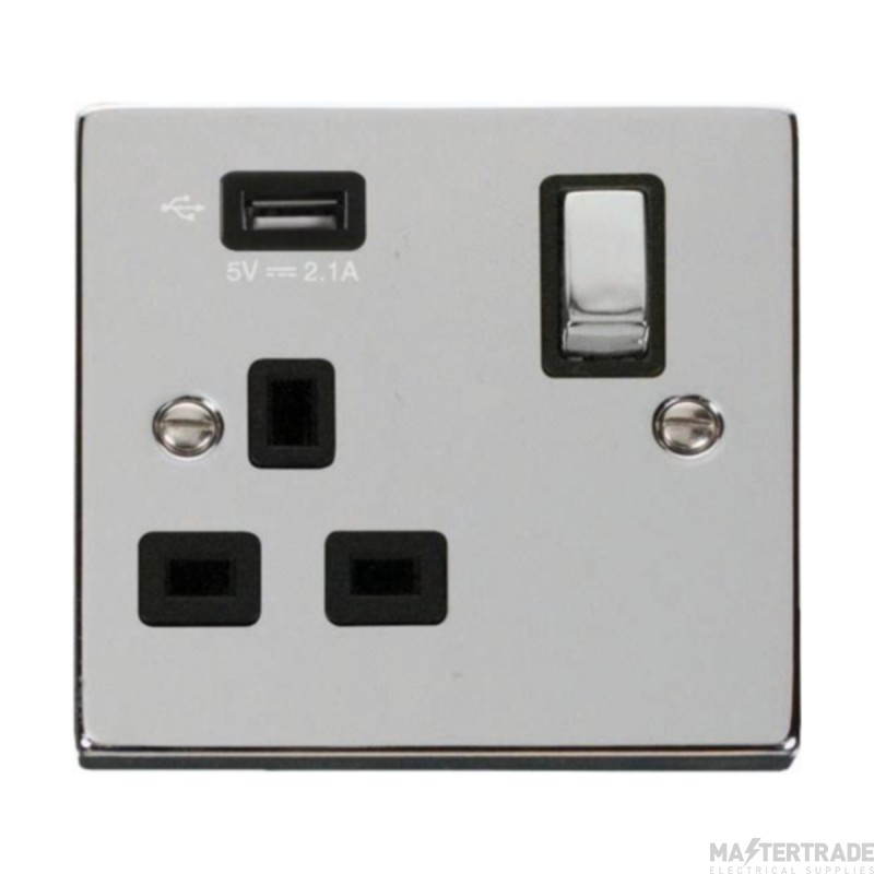 Click Deco VPCH571UBK 13A 1 Gang Switched Socket Outlet With Single 2.1A USB Outlet Chrome