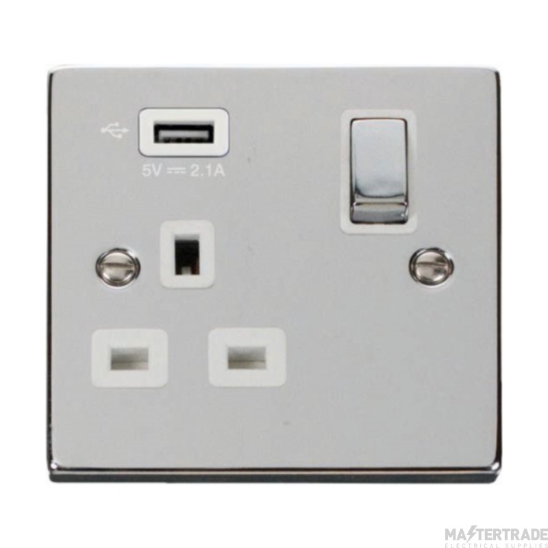 Click Deco VPCH571UWH 13A 1 Gang Switched Socket Outlet With Single 2.1A USB Outlet Chrome
