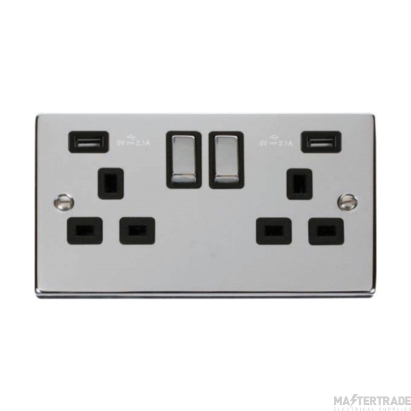 Click Deco VPCH580BK 13A 2 Gang Switched Socket Outlet With Twin USB (Total 4.2A) Outlets Chrome