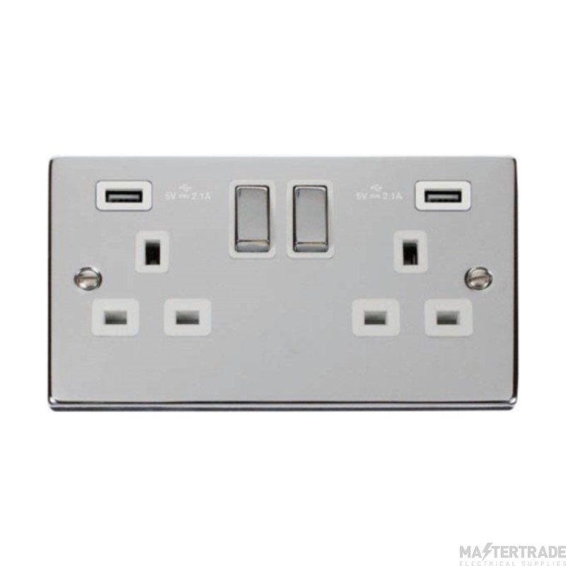 Click Deco VPCH580WH 13A 2 Gang Switched Socket Outlet With Twin USB (Total 4.2A) Outlets Chrome