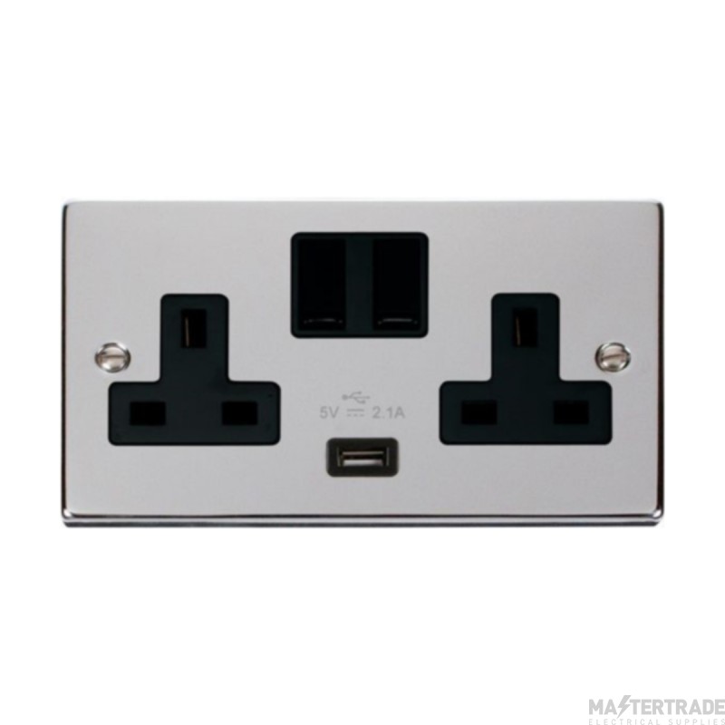 Click Deco VPCH770BK 13A 2 Gang Switched Socket Outlet With Single 2.1A USB Outlet Chrome
