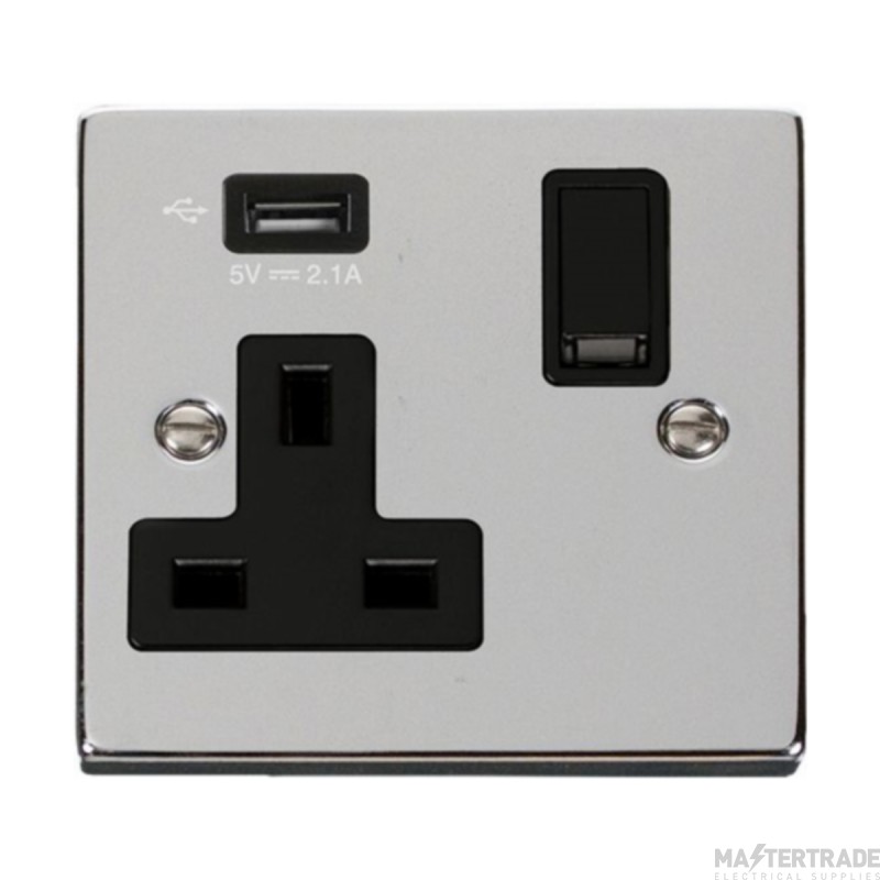 Click Deco VPCH771UBK 13A 1 Gang Switched Socket Outlet With Single 2.1A USB Outlet Chrome
