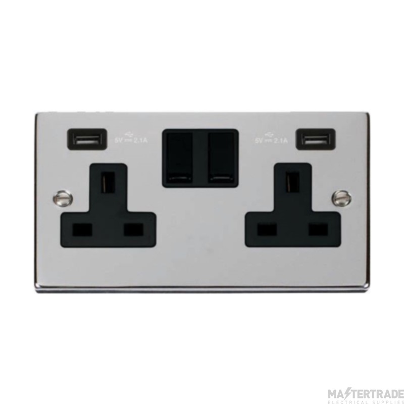 Click Deco VPCH780BK 13A 2 Gang Switched Socket Outlet With Twin USB (Total 4.2A) Outlets Chrome