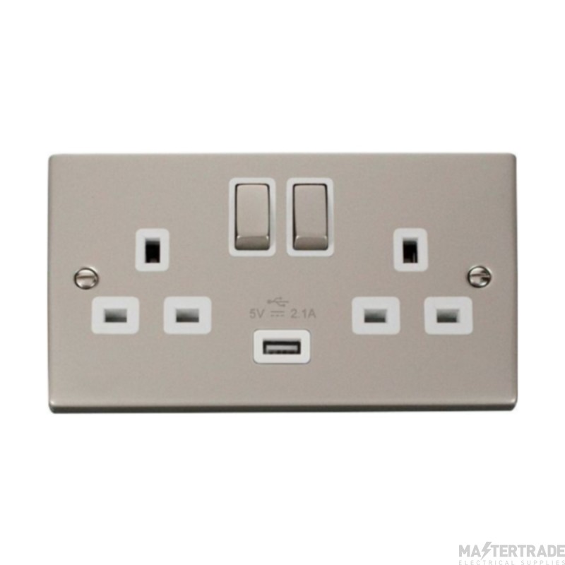 Click Deco VPPN570WH 13A 2 Gang Switched Socket Outlet With Single 2.1A USB Outlet Pearl Nickel