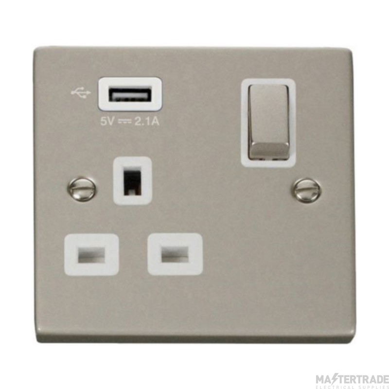 Click Deco VPPN571UWH 13A 1 Gang Switched Socket Outlet With Single 2.1A USB Outlet Pearl Nickel