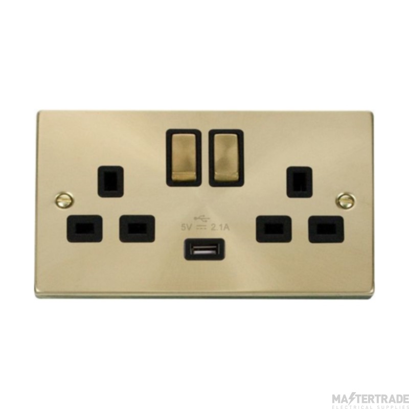 Click Deco VPSB570BK 13A 2 Gang Switched Socket Outlet With Single 2.1A USB Outlet Satin Brass