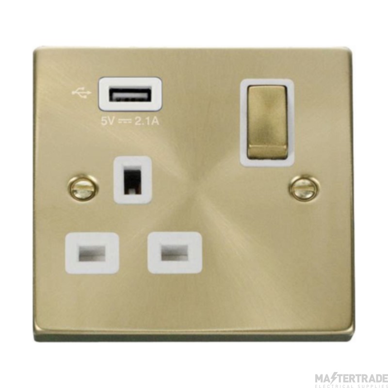 Click Deco VPSB571UWH 13A 1 Gang Switched Socket Outlet With Single 2.1A USB Outlet Satin Brass