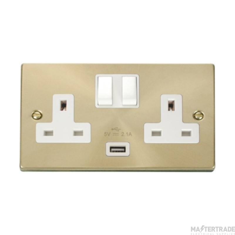 Click Deco VPSB770WH 13A 2 Gang Switched Socket Outlet With Single 2.1A USB Outlet Satin Brass