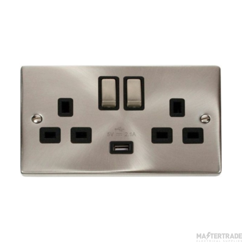 Click Deco VPSC570BK 13A 2 Gang Switched Socket Outlet With Single 2.1A USB Outlet Satin Chrome