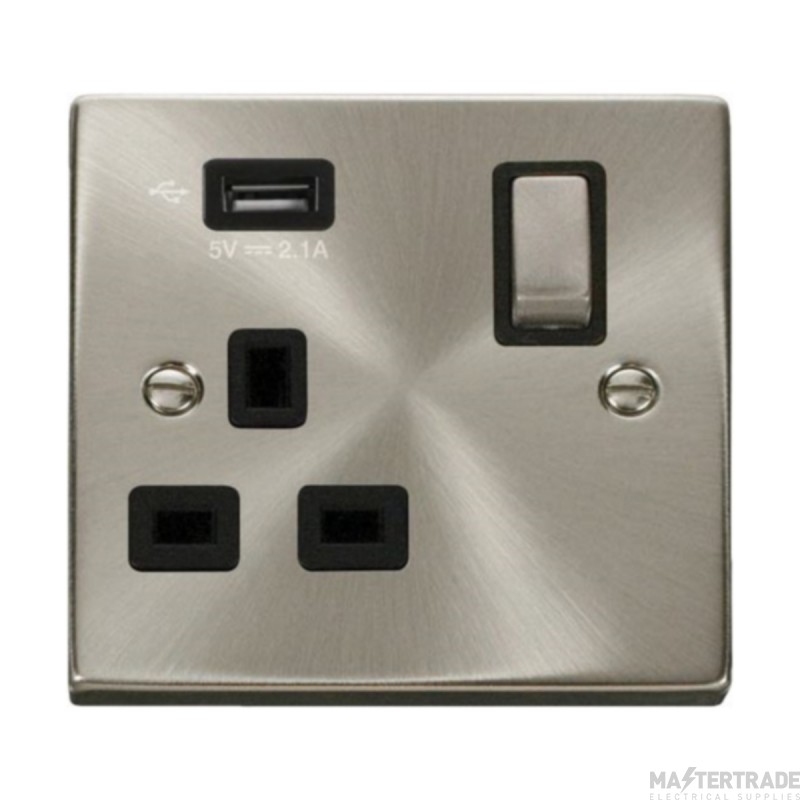 Click Deco VPSC571UBK 13A 1 Gang Switched Socket Outlet With Single 2.1A USB Outlet Satin Chrome