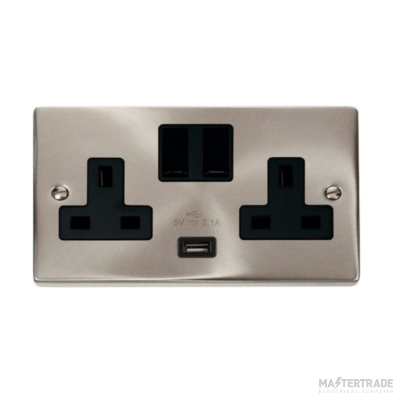 Click Deco VPSC770BK 13A 2 Gang Switched Socket Outlet With Single 2.1A USB Outlet Satin Chrome