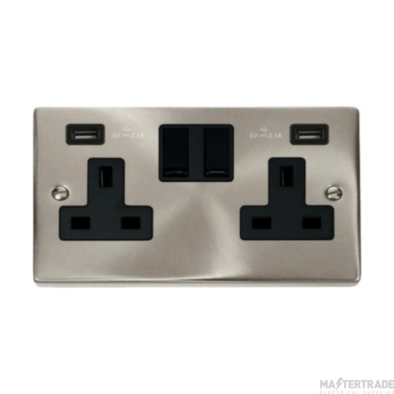 Click Deco VPSC780BK 13A 2 Gang Switched Socket Outlet With Twin USB (Total 4.2A) Outlets Satin Chrome