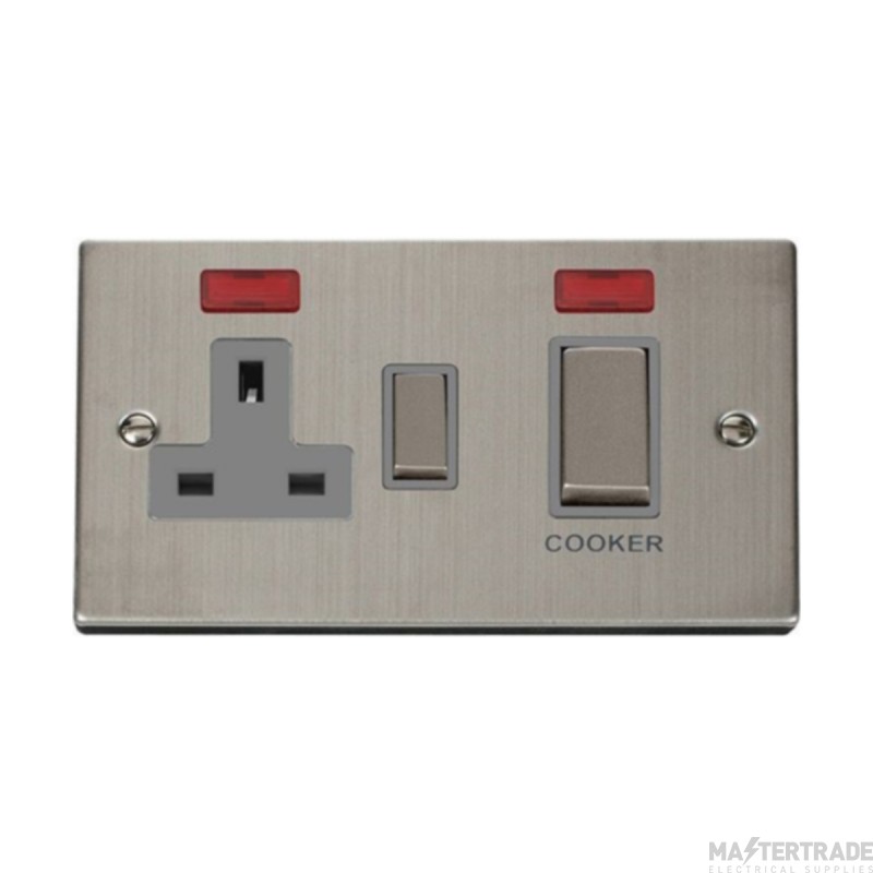 Click Deco VPSS505GY 50A 2 Gang DP Switch With 13A DP Switched Socket Outlet & Neons Stainless Steel