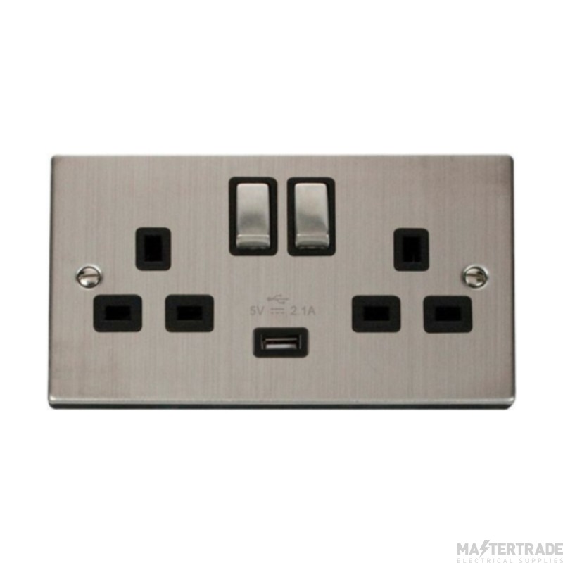 Click Deco VPSS570BK 13A 2 Gang Switched Socket Outlet With Single 2.1A USB Outlet Stainless Steel