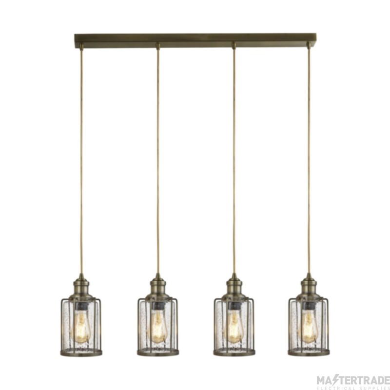 Searchlight Pendant Pipes 4 Light Bar E27 Golf Ball w/o Lamps Seeded Glass Shade 4x60W 230x770mm Antique Brass