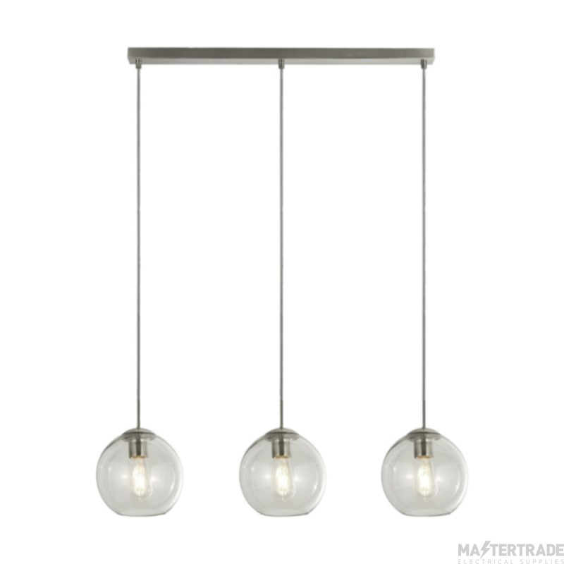 Searchlight Pendant 3 Light Linear Ceiling In Satin Silver With Clear Glasses