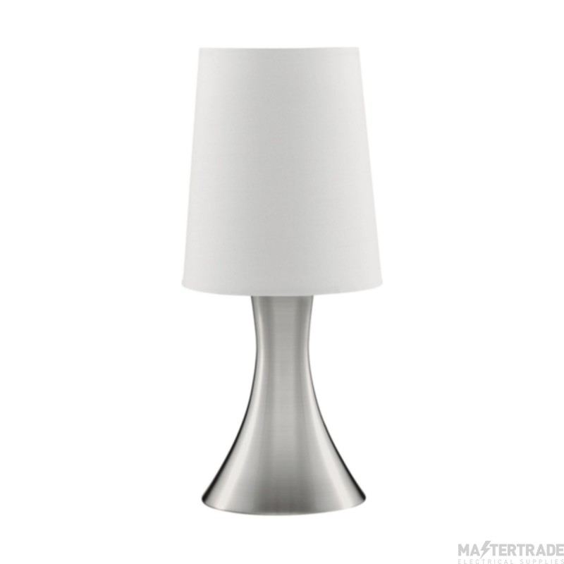 Searchlight Touch Table Lamp, Satin Silver Base, White Tapered Shade