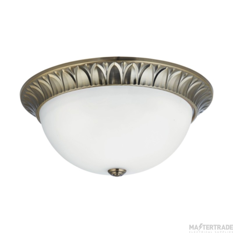 Searchlight 2 Light Flush Ceiling In Antique Brass With Frosted Glass Dia: 380mm