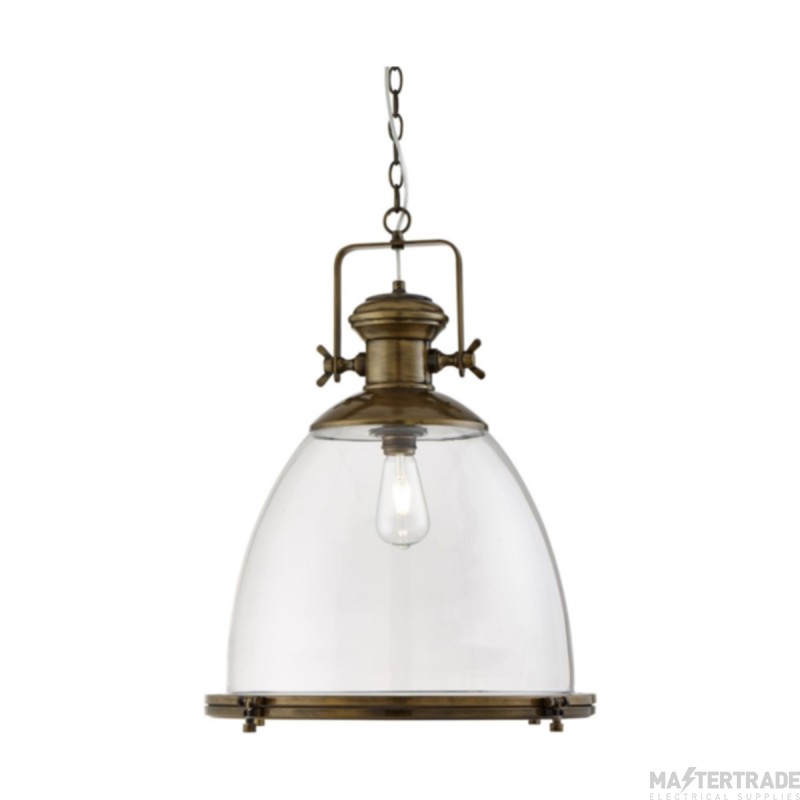 Searchlight Industrial Pendant Bell Ceiling Light In Antique Brass With Glass Diffuser