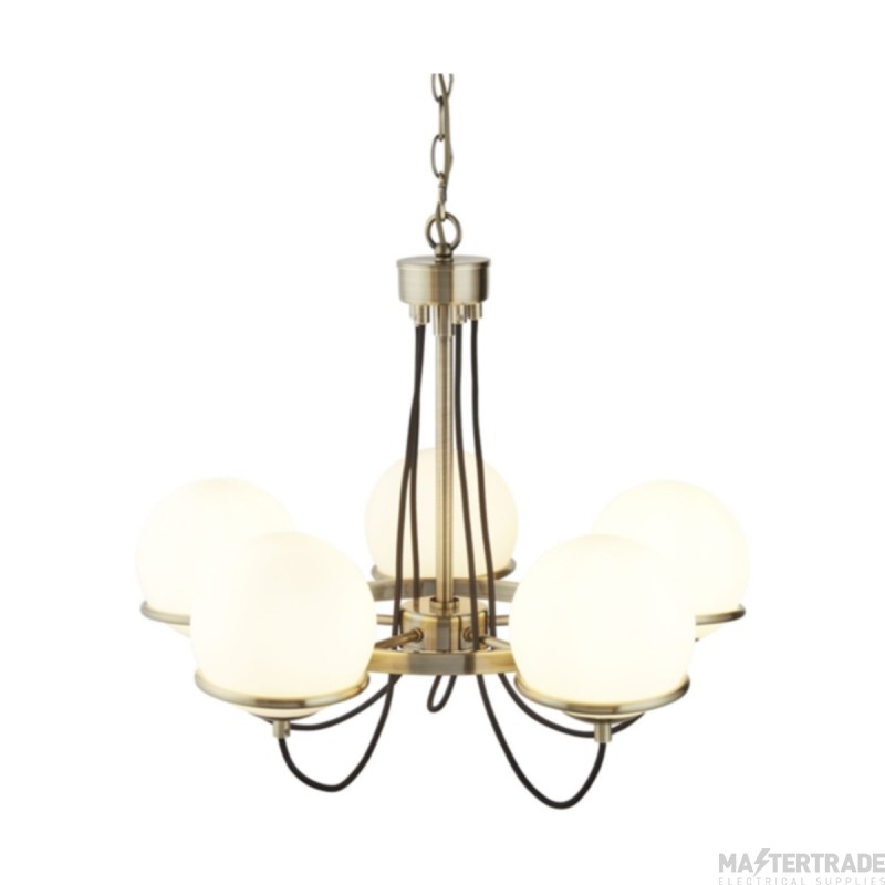 Searchlight Sphere Five Light Ceiling Pendant In Antique Brass With Glass Shades