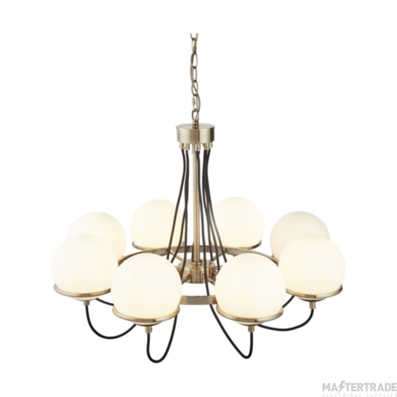 Searchlight Sphere Eight Light Ceiling Pendant In Antique Brass With Glass Shades