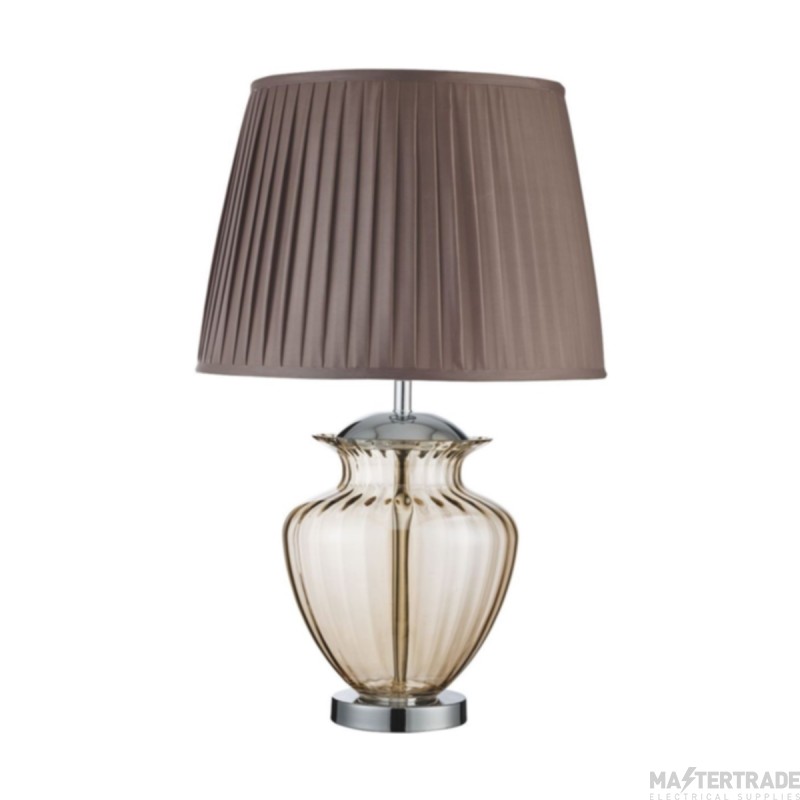 Searchlight Elina Table Lamp Large Glass Urn, Amber Glass, Chrome, Brown Pleated Shade