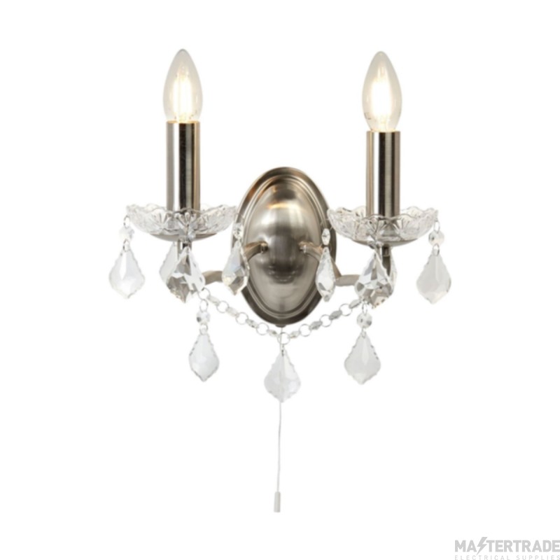 Searchlight Paris Two Light Wall In Satin Silver With Crystal Glass