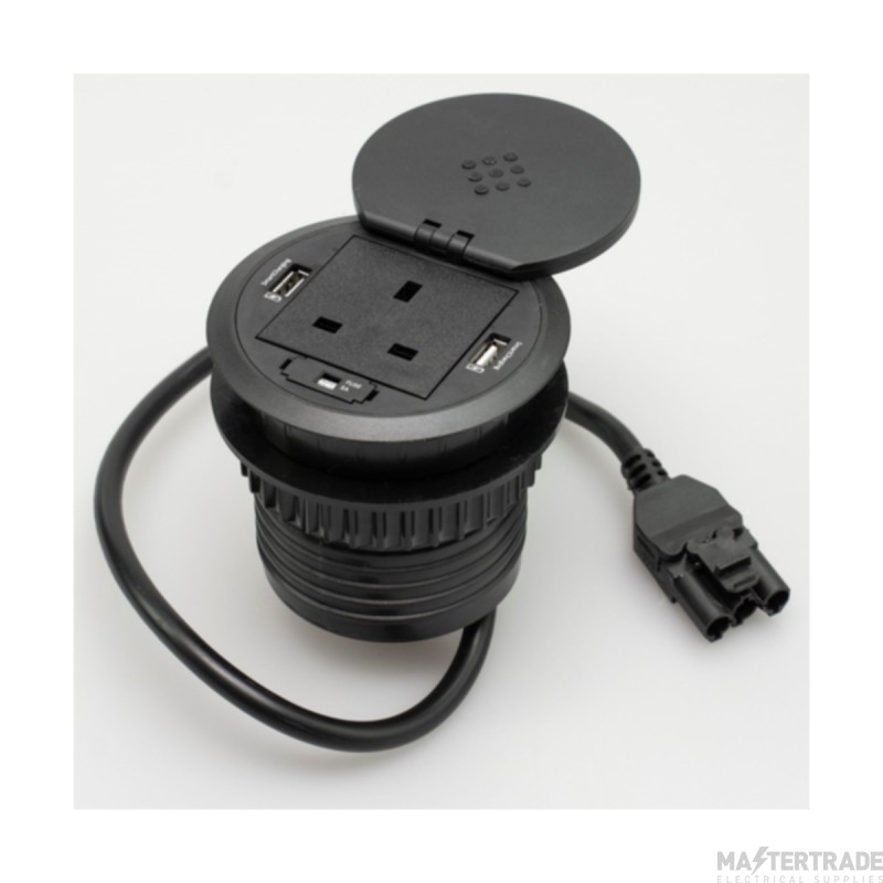 Tass Grommet In Desk Power & 2xUSB Ports c/w Wireless Charger 13A 80mm Black
