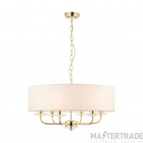 Endon Nixon 6 Light Ceiling Pendant In Brass With Crystal And Vintage white Faux Silk Shade