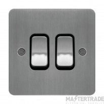 Hager Sollysta Plate Switch 2 Gang Way c/w Black Insert 10AX Brushed Steel