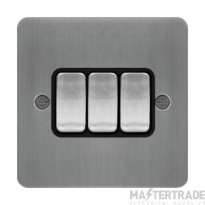 Hager Sollysta Plate Switch 3 Gang 2 Way c/w Black Insert 10AX Brushed Steel