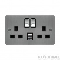 Hager Sollysta Socket 2 Gang DP Switched Dual Earth c/w 2x2.4A USBs & Black Insert 13A Brushed Steel